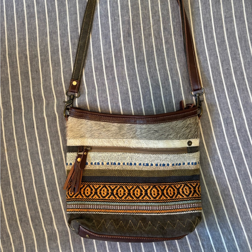 Handmade Myra Boho Striped Canvas & Leather Bag with Adjustable Leather Strap